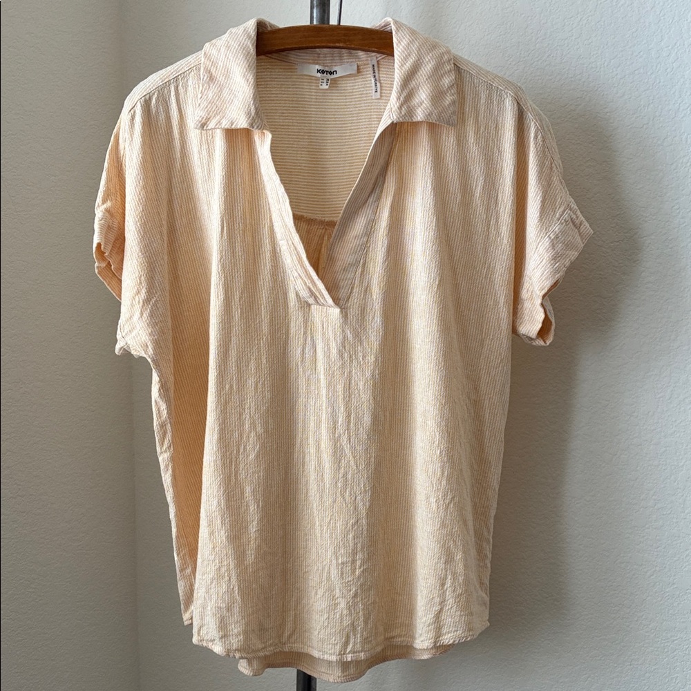 Koton sz M Yellow White Stripe V-Neck Collar Top Casual Beachcore Loose